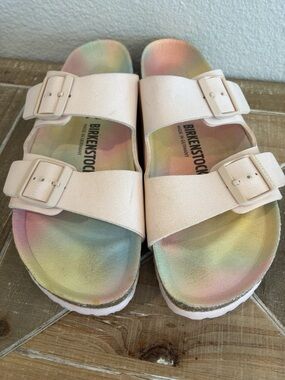 Birkenstock Pale Pink Double-Buckle Sandals with Pastel Rainbow Footbed Sz 39